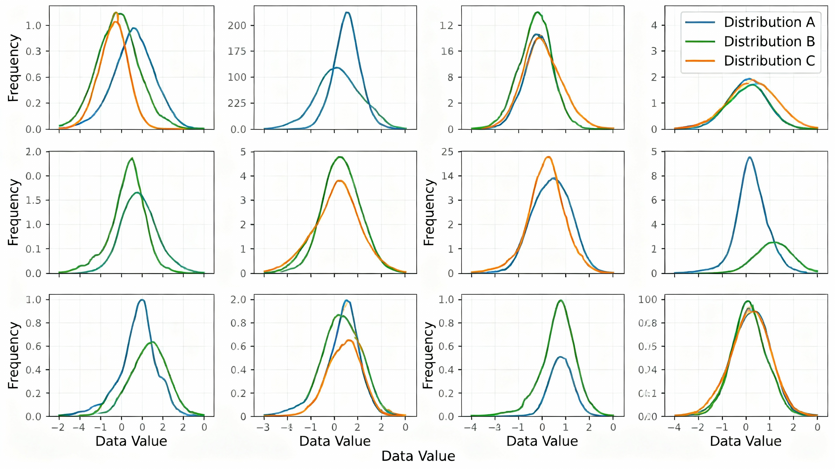 Multiple line histograms comparing different distribution patterns and characteristics